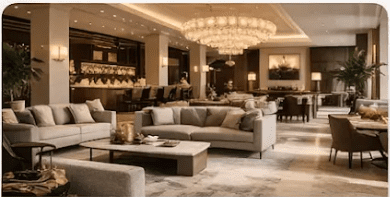 Luxurious hotel lobby with sofas and chandelier