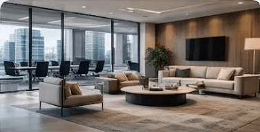 Modern office lounge with sofas and city view