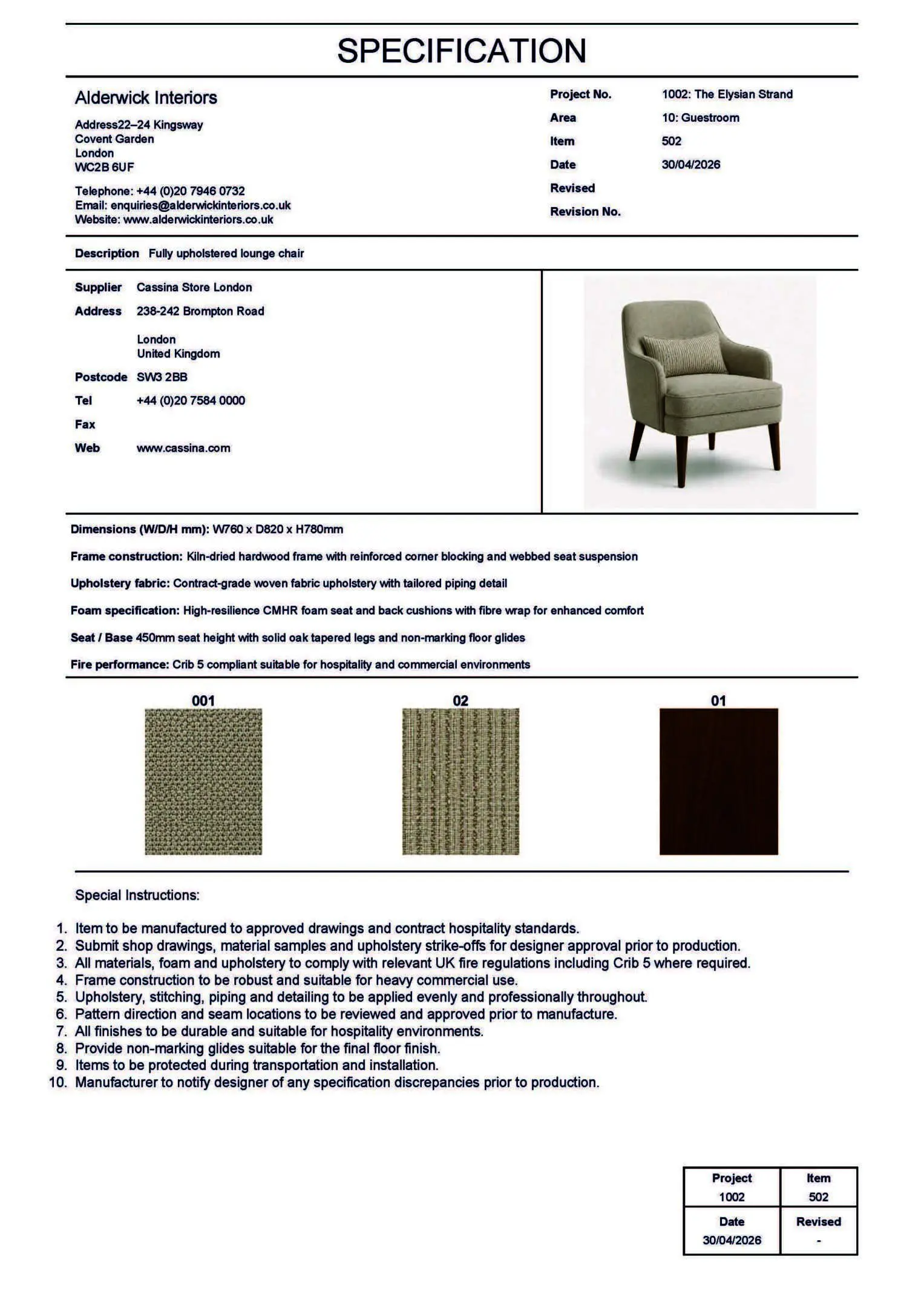 Specification sheet showing upholstered chair and swatches