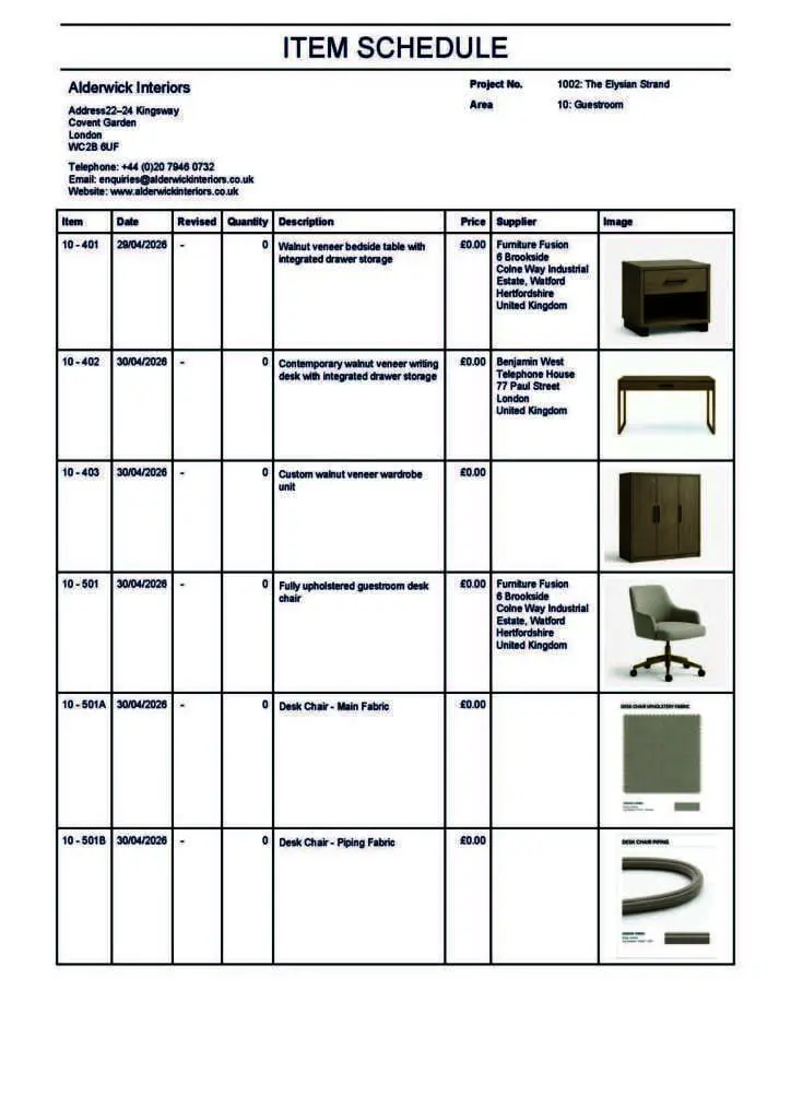 Furniture item schedule sheet with thumbnail images