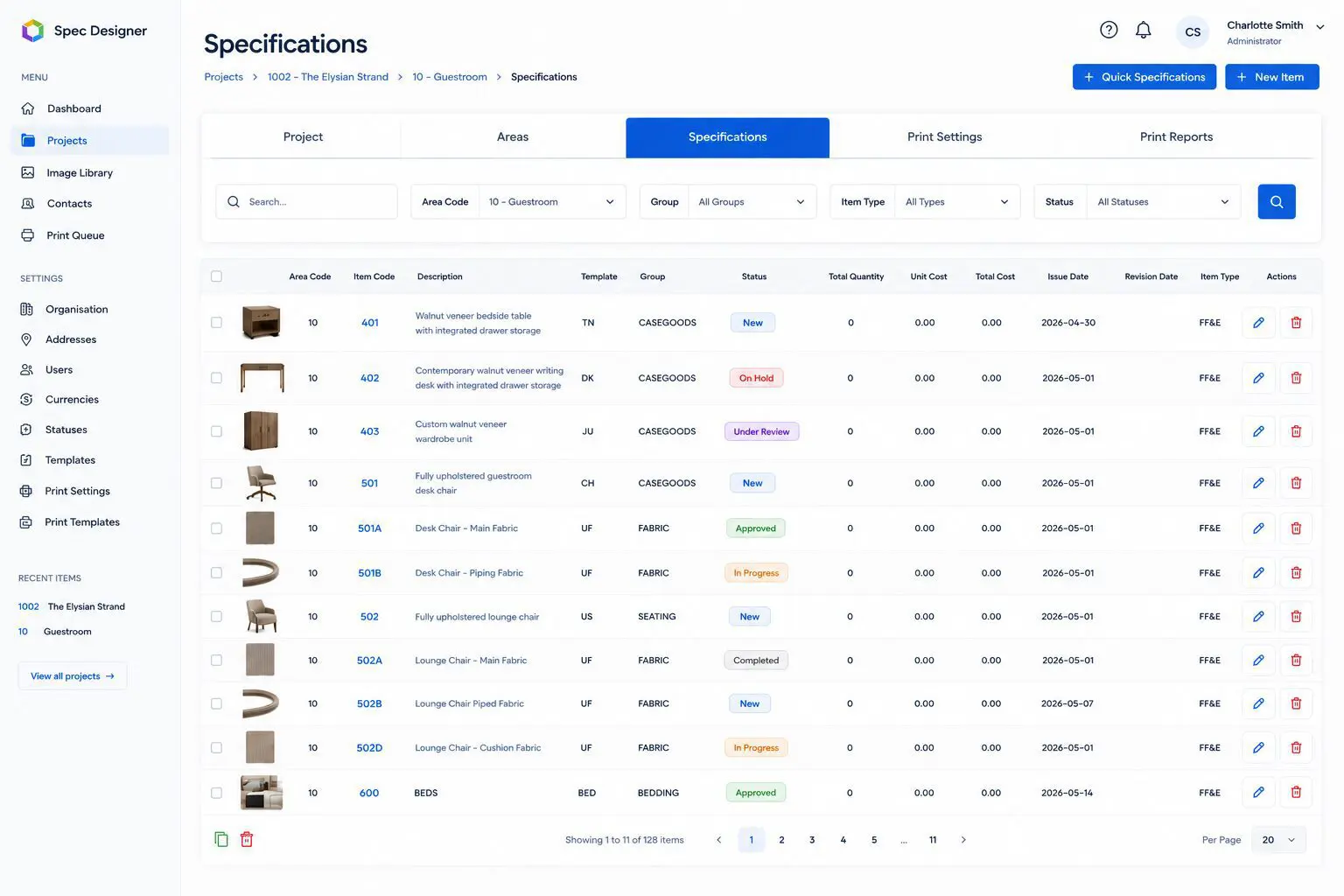 Specifications dashboard listing furniture items